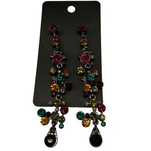 Rhinestone Long Dangle Pierced Earrings Jewel‎ Tone Victorian Romantic Revival